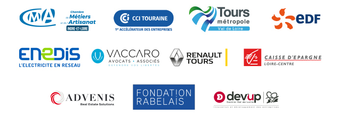 Logo CMA, CCI Touraine, Tours Métropole, EDF, ENEDIS, Vaccaro, Renault Tours, Caisse d'Epargne, Advenis, Fondation Rabelais, Dev Up
