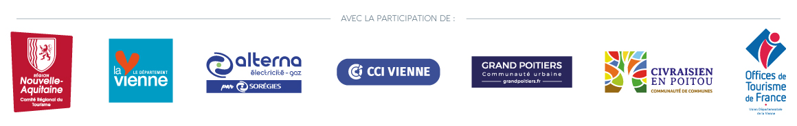 Footer : Avec la participation de : la Région Nouvelle Aquitaine (Comité Régional du Tourisme), La Vienne le département, Alterna (par Sorégies), CCI VIENNE, GRAND POITIERS (Communauté Urbaine), CIVRAISIEN EN POITOU (Communauté de communes) et l'Offices de Tourisme de France (Union départementale de la Vienne) 